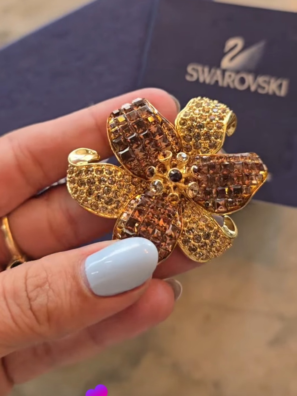 Swarovski Gold Tone Amber Crystal Flower Pin